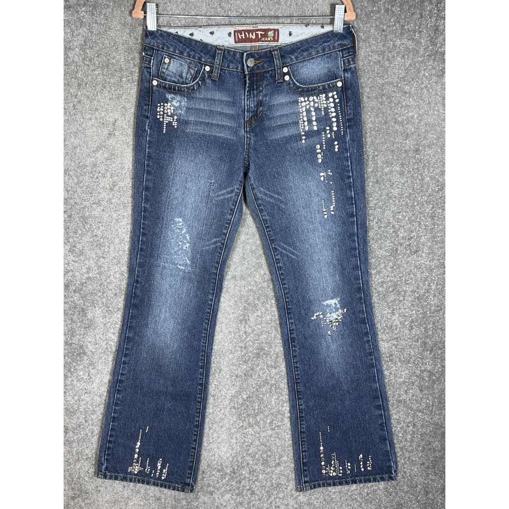 HINT Jeans Womens Juniors‎ Size 7 Blue Embellished Distressed Bootcut Cotton
